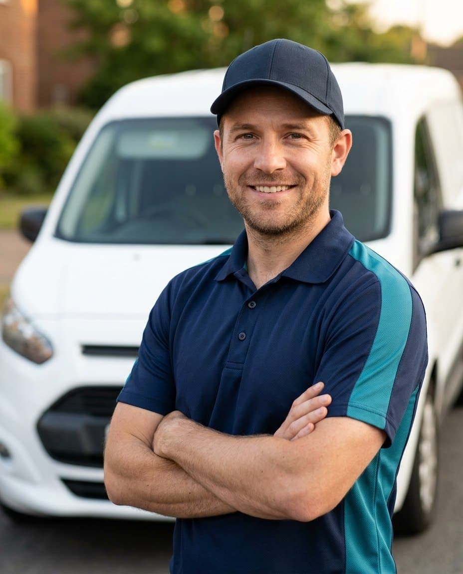 Iron Bridge driver standing confidently in front of a delivery van